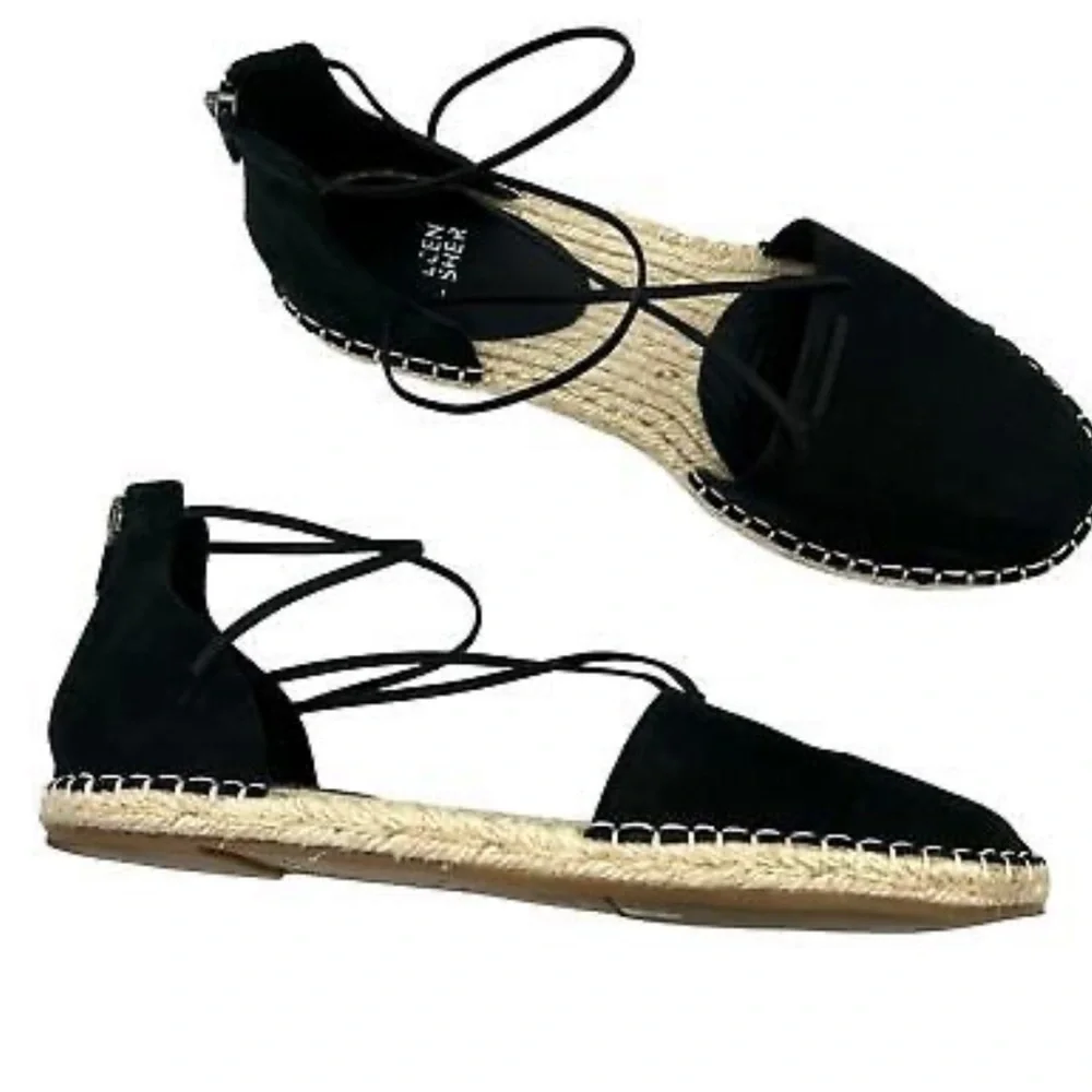 Eileen Fisher Black Leather Espadrille Lace-Up Flats Jute Sole 7 NWOB